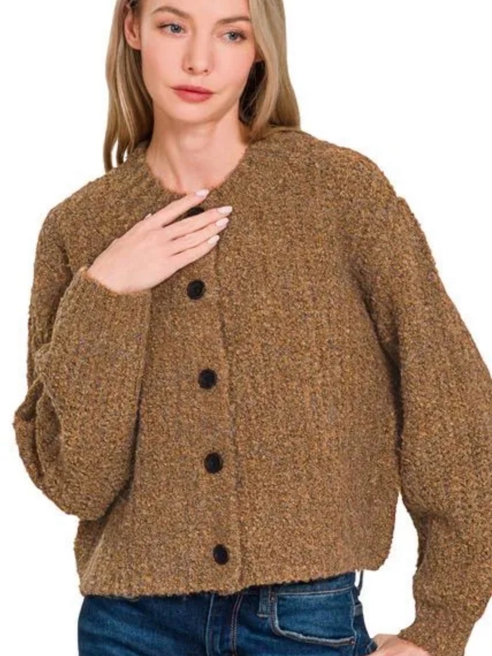 Zenana Outfitters Textured Teddy Jacket in Brown